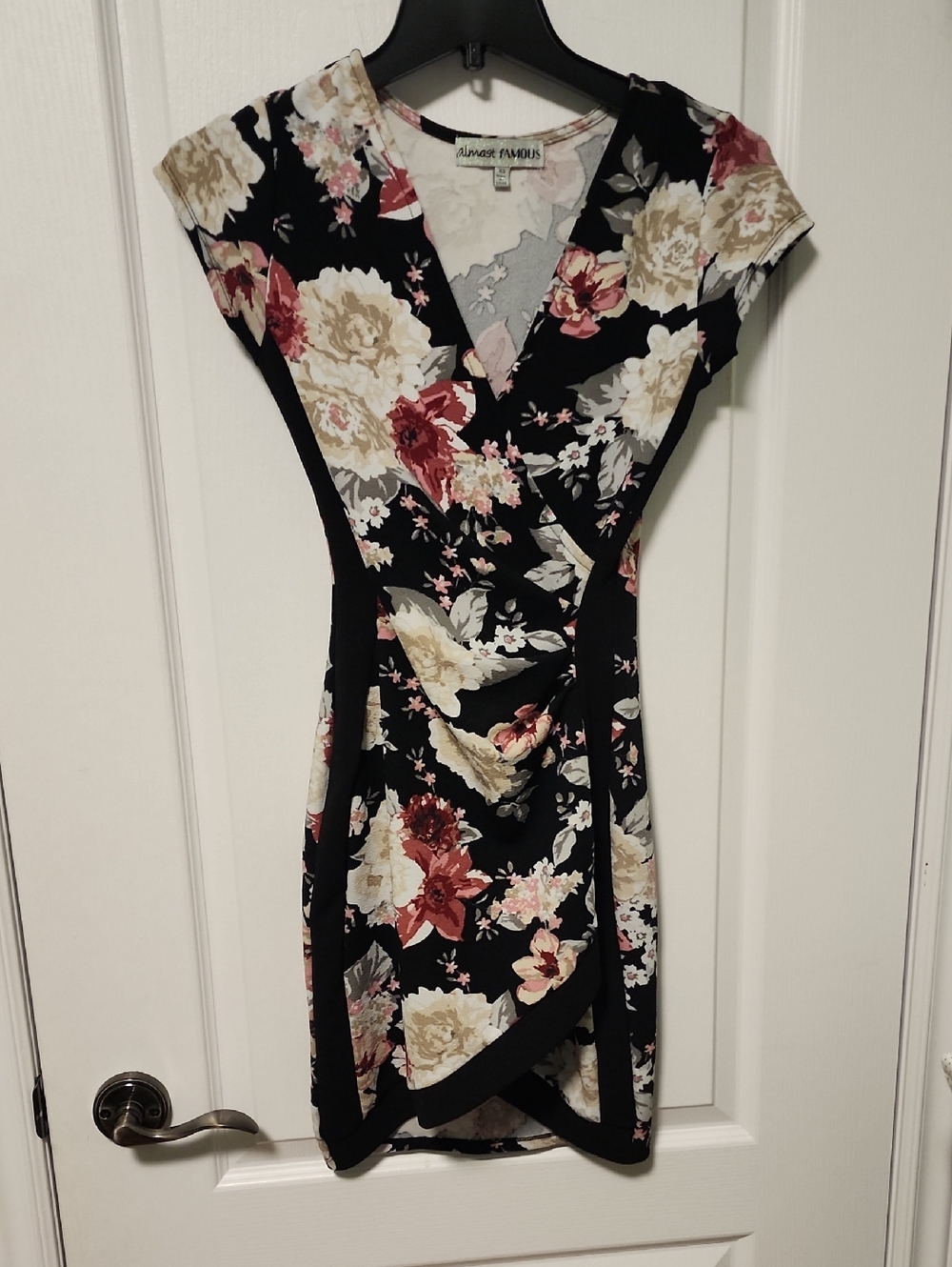 Almost Famous Black Floral Wrap-Style Mini Dress with Cream & Burgundy Blooms